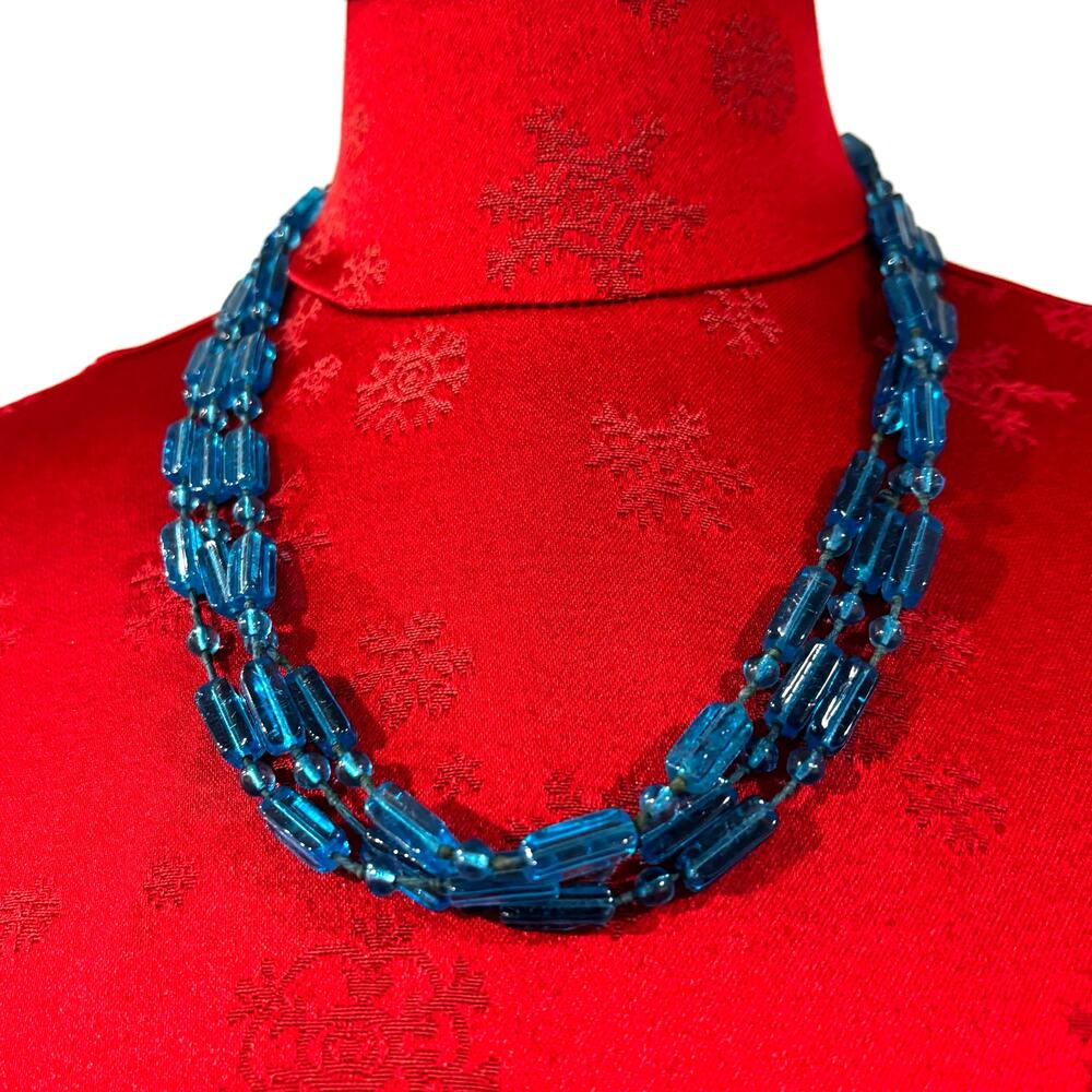 Blue art glass beaded necklace long single loop Flapper Style Art Deco Geometric